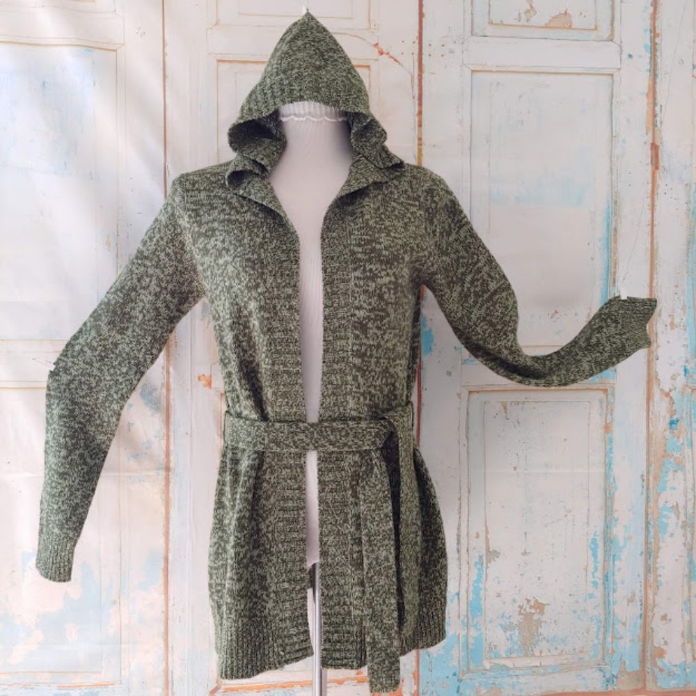 Derek Heart long sleeve hooded  knit cardigan duster sweater w tie/M/green